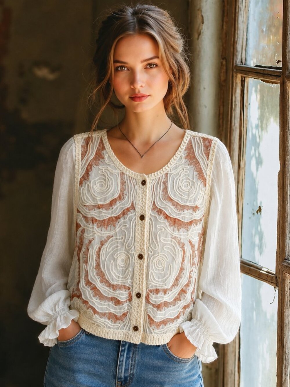 Ultra Pink Romantic embroidered blouse w. sheer back and sleeves